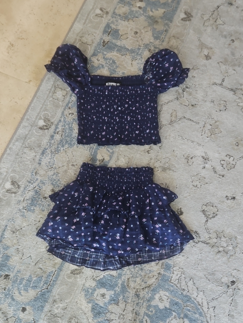 Katie J NYC Navy Floral Smocked Skirt Set